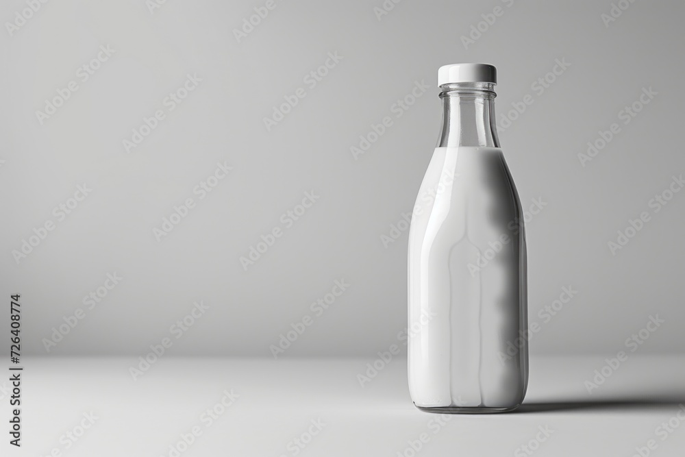 Poster a bottle of milk sitting on a table. suitable for food and beverage related projects