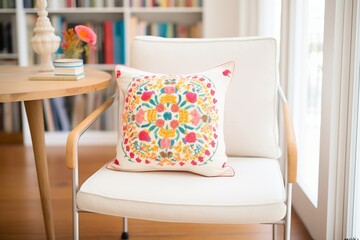 embroidered cushions on a white lounge chair