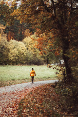 Woman in yellow jacket walks in park on rainy day