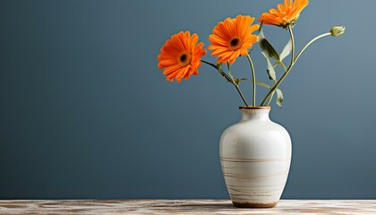 flower vase with orange flowers. orange flowers in ceramic vase on simple background.  decorative flower vase for floral arrangements on simplistic background