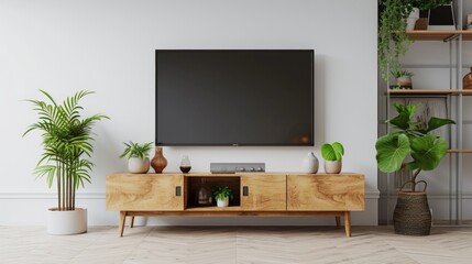 A contemporary living room featuring a sleek wall-mounted TV. Perfect for interior design inspiration or showcasing home entertainment setups - obrazy, fototapety, plakaty