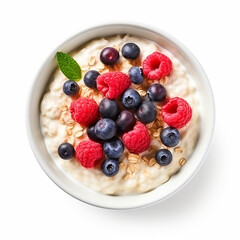 Yogurt bowl with berries top view on isolated white background - ai generative