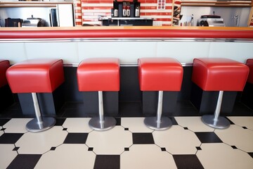 oldfashioned black and white tiled floor with red leather seats