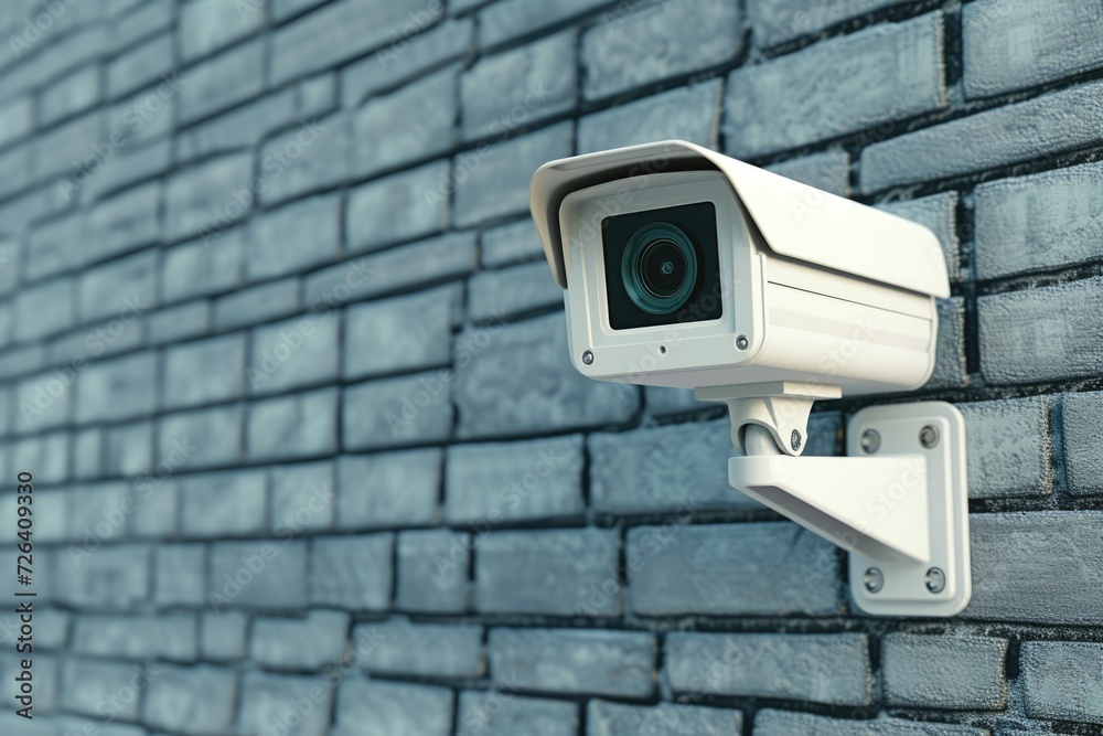Poster a security camera mounted on a brick wall. can be used for surveillance and monitoring purposes