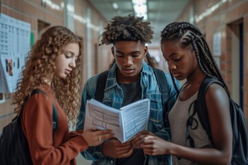 Black students in high school checking over lecture notes. Generative Ai.