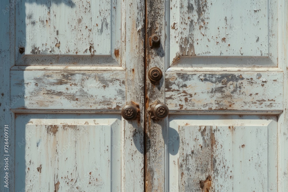 Poster a close-up view of a door handle on a wooden door. ideal for architectural and home improvement conc