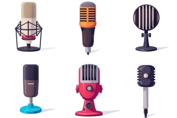 Different types of microphones displayed on a clean white background. Perfect for any audio or music-related projects