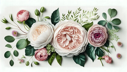 Floral arrangement, web banner with pink English roses, ranunculus, carnation flowers and green leaves on white table background. Generative AI.