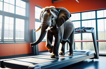 An elephant runs on a treadmill in the gym. Sports concept.