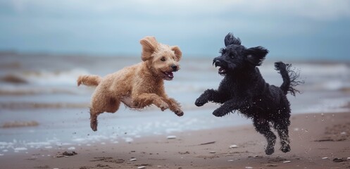 Two dogs running and playing in ocean.