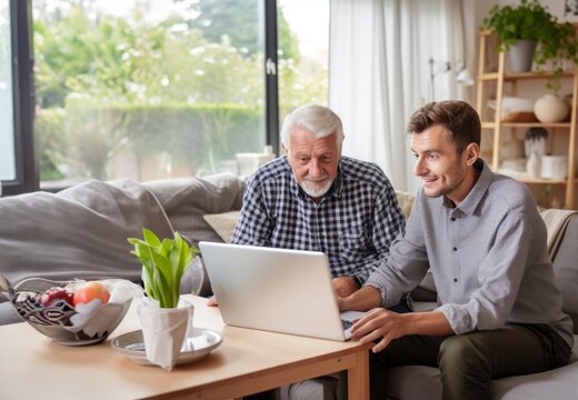 In this cozy home scene, an elderly man and his adult son bond over laptop use, blending technology and family connection.Generated image