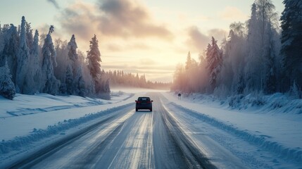 Fototapeta na wymiar A car driving down a snow-covered road. Perfect for winter travel and transportation concepts