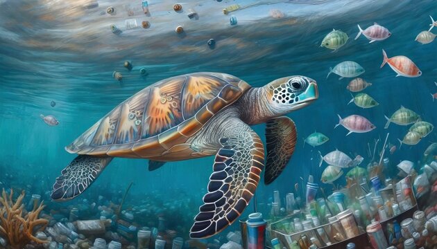 Tartaruga ambientalista recolhendo lixo no mar