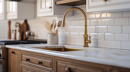 A modern kitchen with a luxurious gold faucet and a sleek white tile backsplash. Perfect for home renovation projects or interior design inspiration - obrazy, fototapety, plakaty