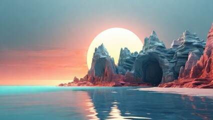 3d render, futuristic landscape with cliffs and water. Modern minimal abstract background. Spiritual zen wallpaper with sunset or sunrise light. generative, ai. - obrazy, fototapety, plakaty