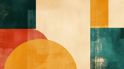 Abstract background in trendy Bauhaus style, combining sienna, teal green and wheat yellow with asymmetrical balance and bold shapes