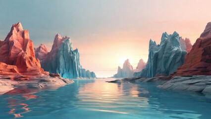 Fototapeta na wymiar 3d render, futuristic landscape with cliffs and water. Modern minimal abstract background. Spiritual zen wallpaper with sunset or sunrise light. generative, ai.