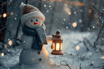 Cute snowman with lantern in the forest by holiday.