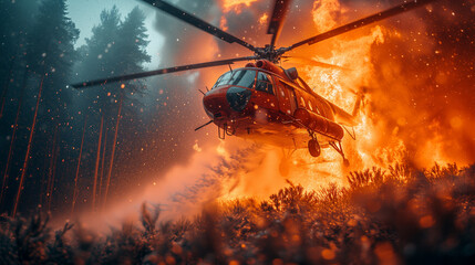 Firefighting helicopter extinguishing fire in the forest, everything is on fire around, the sky is all in smoke