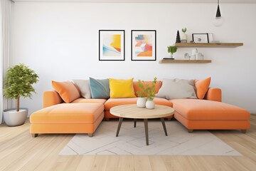 an orange sectional sofa in a minimalist living room setting