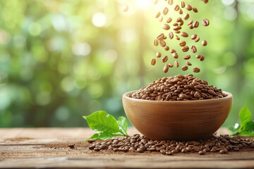 Roasted Coffee Bean falling into a bowl on a rustic wooden surface against a natural bokeh background and with copy space. Levitation coffee beans.