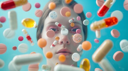 Young woman against the background of tablets and capsules. Big Pharma illustration. Pharmaceutical industry