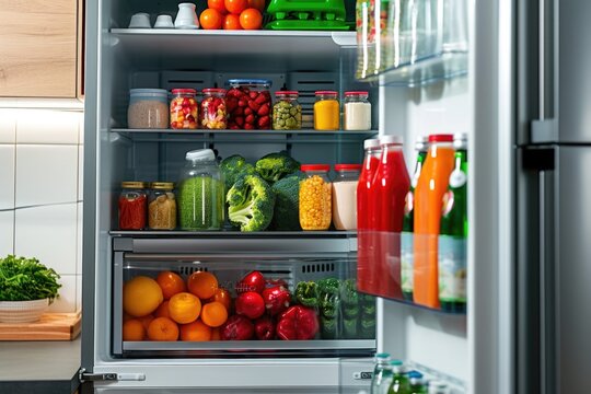 A refrigerator filled with a diverse selection of food. Ideal for illustrating food storage, grocery shopping, or healthy eating concepts