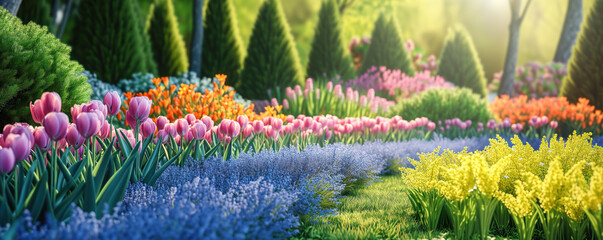 Close-up panoramic view of the beautiful blooming tulips in coniferous garden in spring.