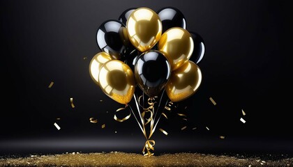 Black and gold balloons with confetti on a black background.