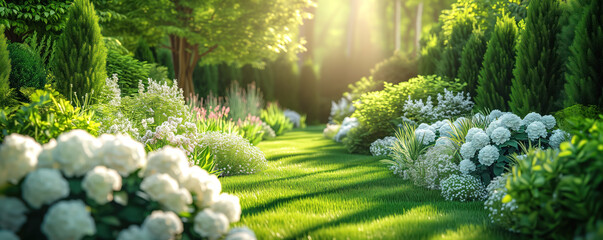 Panoramic view of the beautiful coniferous garden with blooming hydrangeas.