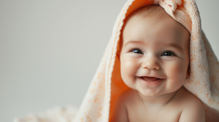 Cute happy baby in towel smiling after bath, space for text, baby day care concept - obrazy, fototapety, plakaty