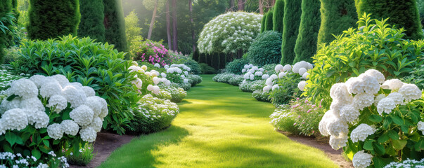 Panoramic view of the beautiful coniferous garden with blooming hydrangeas. - obrazy, fototapety, plakaty