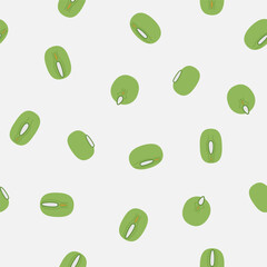 Mung beans, green Asian bean peas isolated on light gray background. Pulses from India. Vector illustration, seamless pattern.