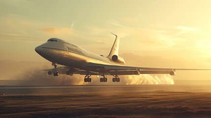 Fototapeta na wymiar Commercial airplane taking off at sunset with dynamic motion blur. contemporary aviation, travel and transportation concept. AI