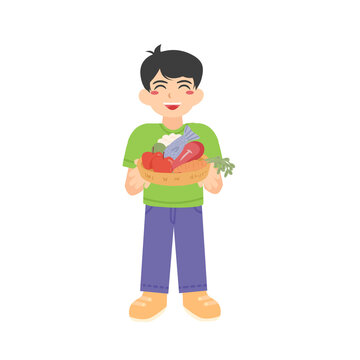 healthy boy holding bucket of foods
