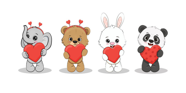 Cute cartoon elephant cub, panda, bunny, teddy bear with a red hearts for your design. Valentine's day card. Mothers day. Vector illustration