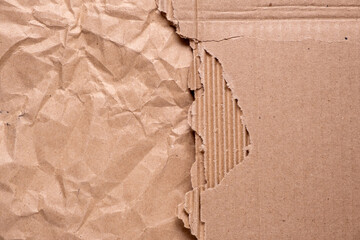 Torn sheet of corrugated cardboard and crumpled kraft paper
