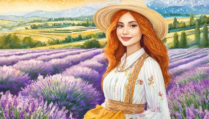 Junge Frau im lässigen Boho-Stil posiert vor blühendem Lavendelfeld