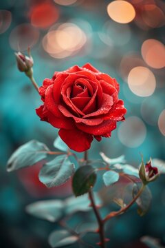  A full large red rose bokeh green background.