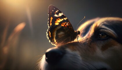 Schmetterling auf Hundenase - obrazy, fototapety, plakaty