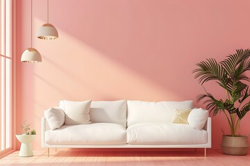 Modern minimalist living room with white sofa and pink walls. cozy home interior design. elegant furniture for stylish decor. AI