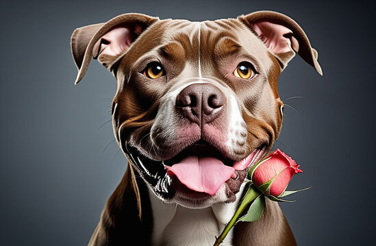 Portrait of a dog with a red rose.