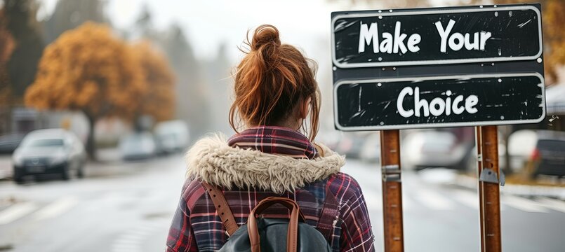 Woman standing at crossroad with two way sign saying  make your choice  and copy space for text