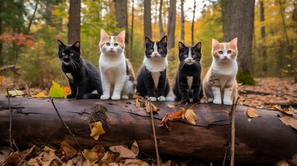 Adorable multi-colored cat kittens sitting together - lovely group of playful and cuddly kittens