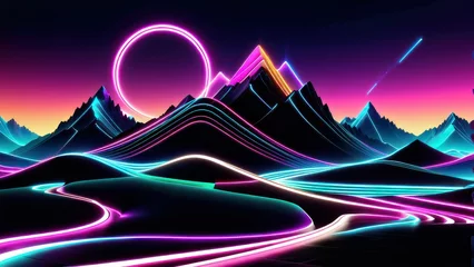 Fotobehang 3d rendering. Aesthetic minimalist wallpaper. Surreal landscape rocky mountains and neon dynamic lines in motion. Flowing energy concept. Glowing trajectory path. generative, ai. © Oleks Stock