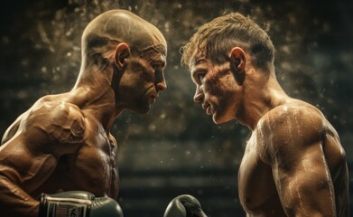 Intense stare down between two barechested bodybuilders, their muscular chests and aggressive expressions hinting at the impending clash of fists in the boxing ring - obrazy, fototapety, plakaty