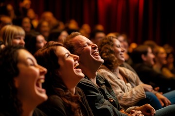 audience in a theater laughing at a standup comedians performance - obrazy, fototapety, plakaty