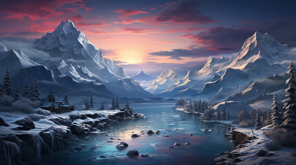 Beautiful winter scene, mountains, frozen lake