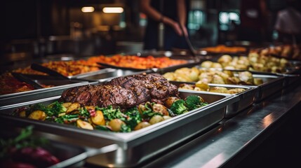 Obraz premium Indoor buffet catering with colorful fruits, vegetables, and meats for people group in restaurant