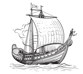 Drakkar floating on the sea waves. Hand drawn design element sailing ship. Vintage vector engraving illustration for poster, label, postmark with sailboat. - obrazy, fototapety, plakaty